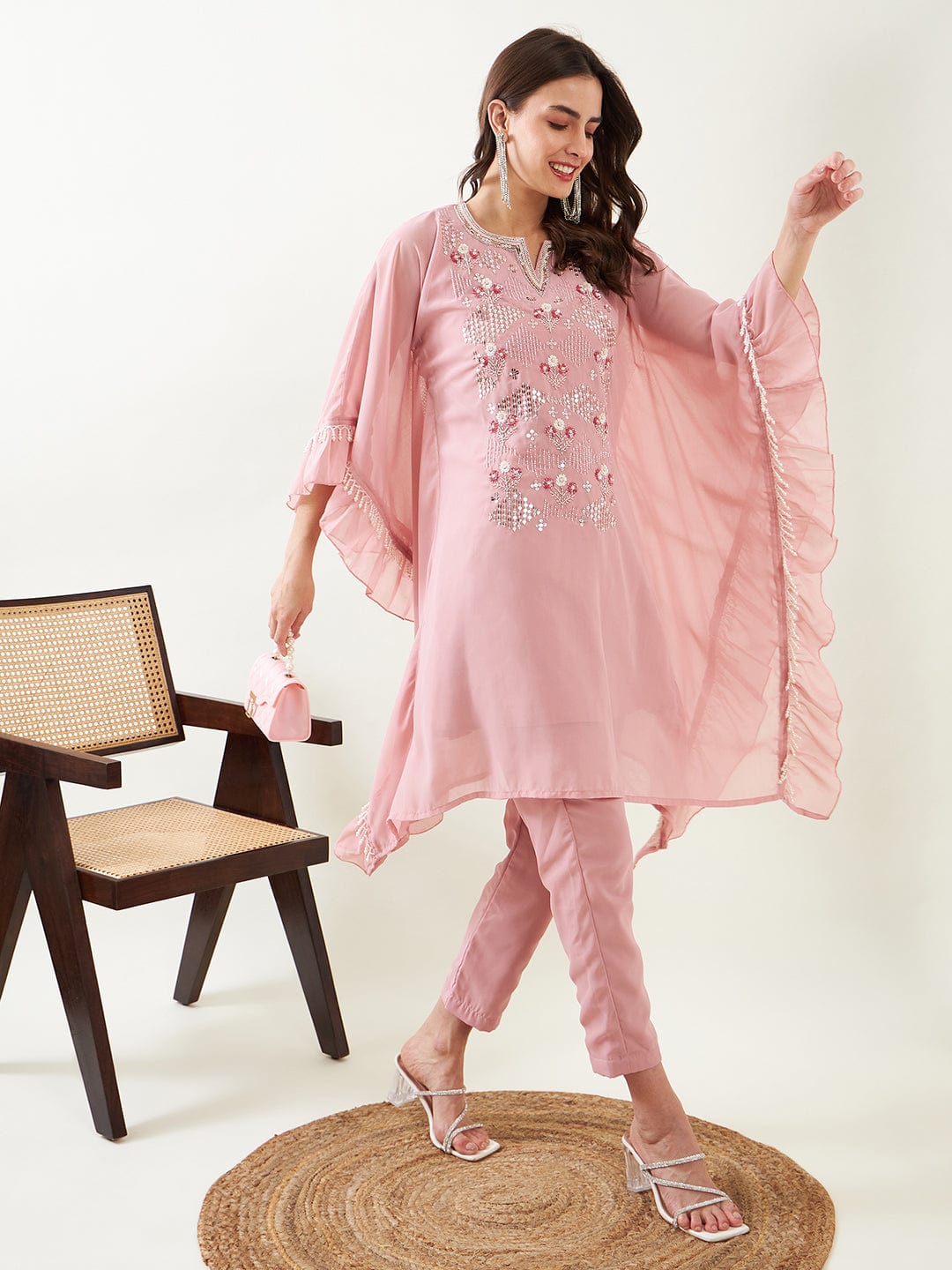 The Kaftan Company Kurta Sets Pink Hand Embroidered Ruffled Kurta with Pants and Slip