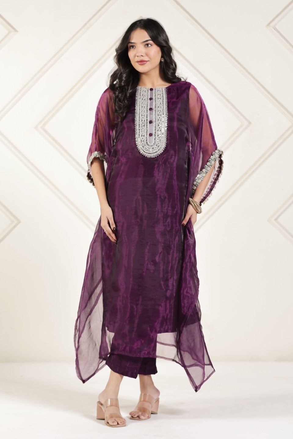 The Kaftan Company Kurta Sets Plum Purple Tissue Silk Kaftan Kurta Set