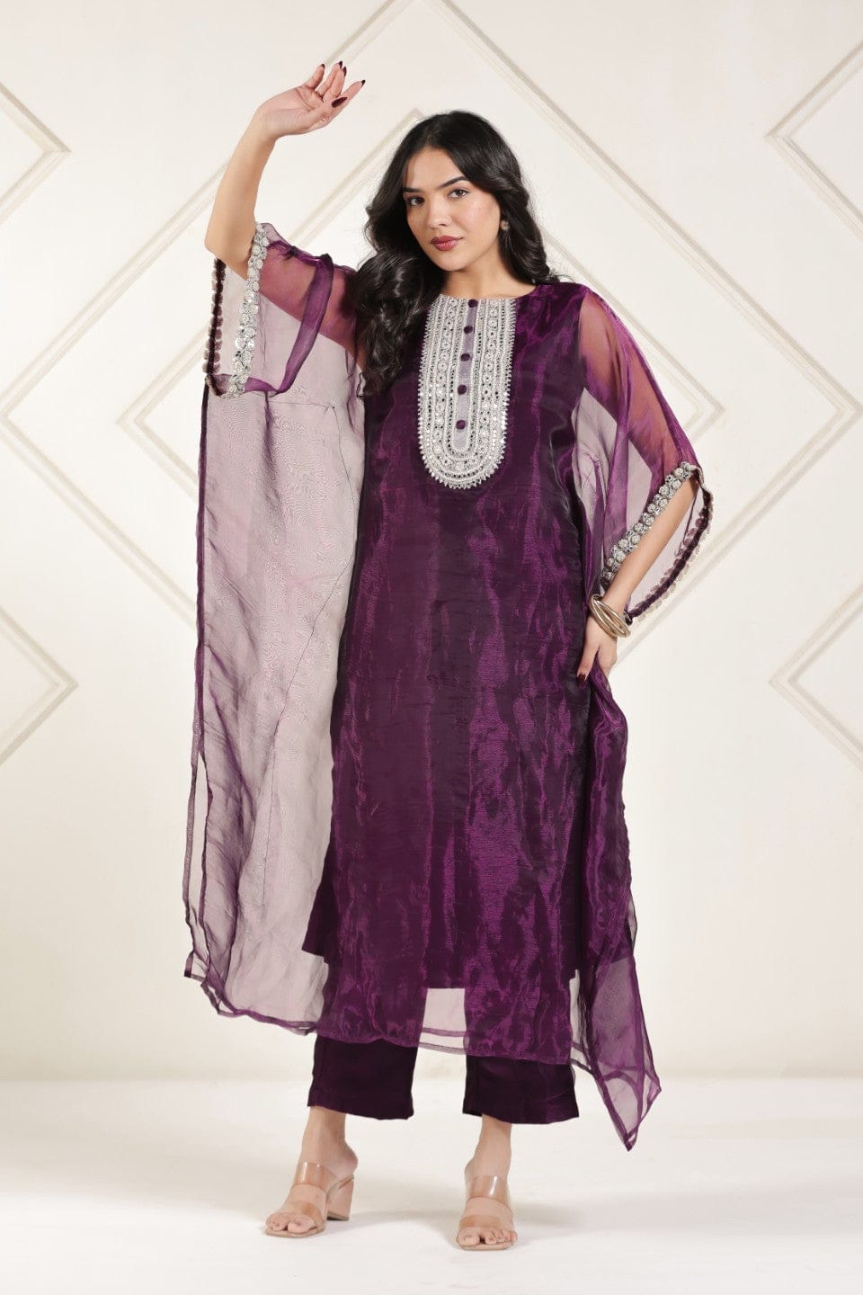 The Kaftan Company Kurta Sets Plum Purple Tissue Silk Kaftan Kurta Set