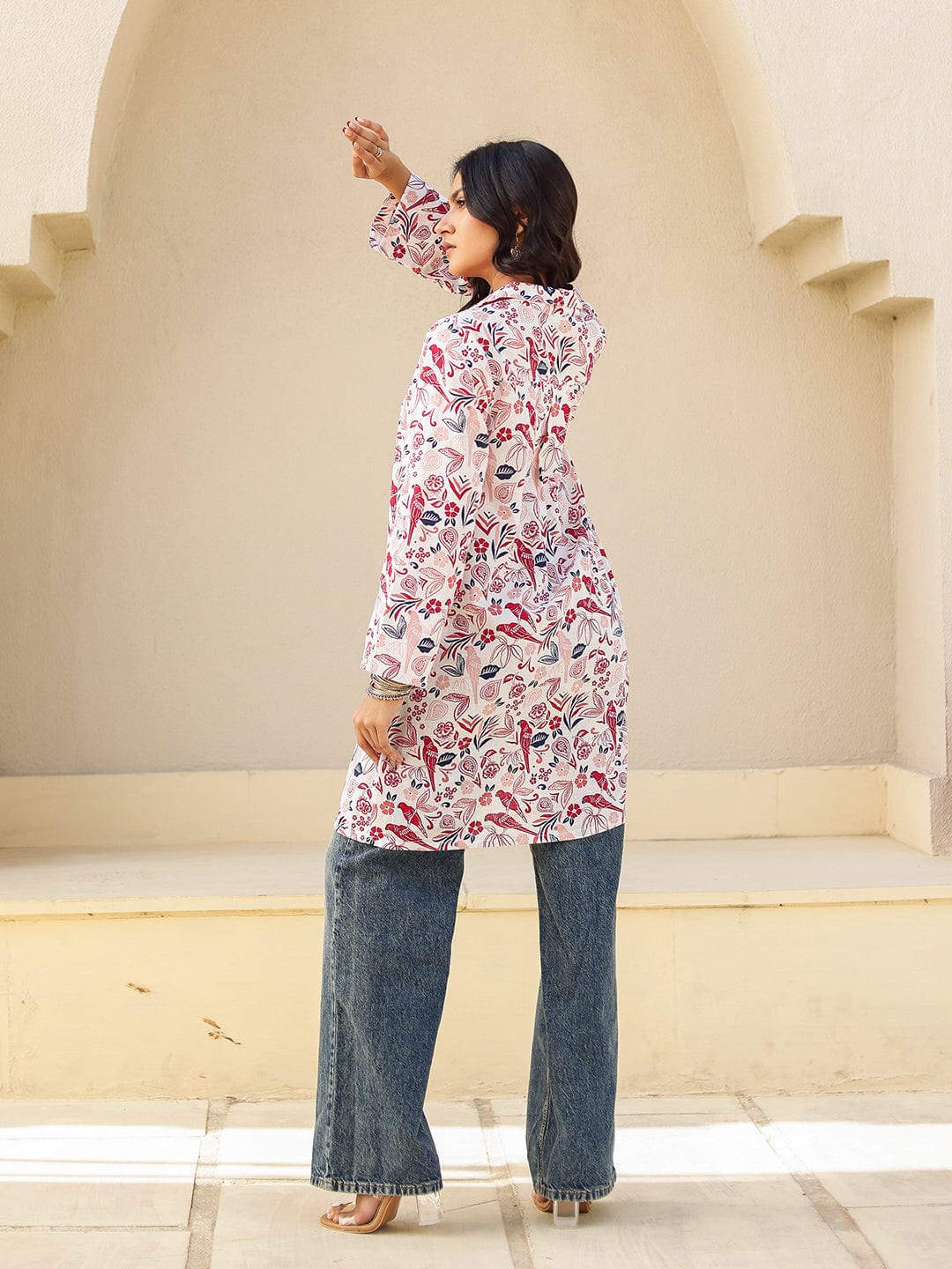 The Kaftan Company Kurta White and Red Bird Print Cotton Tunic