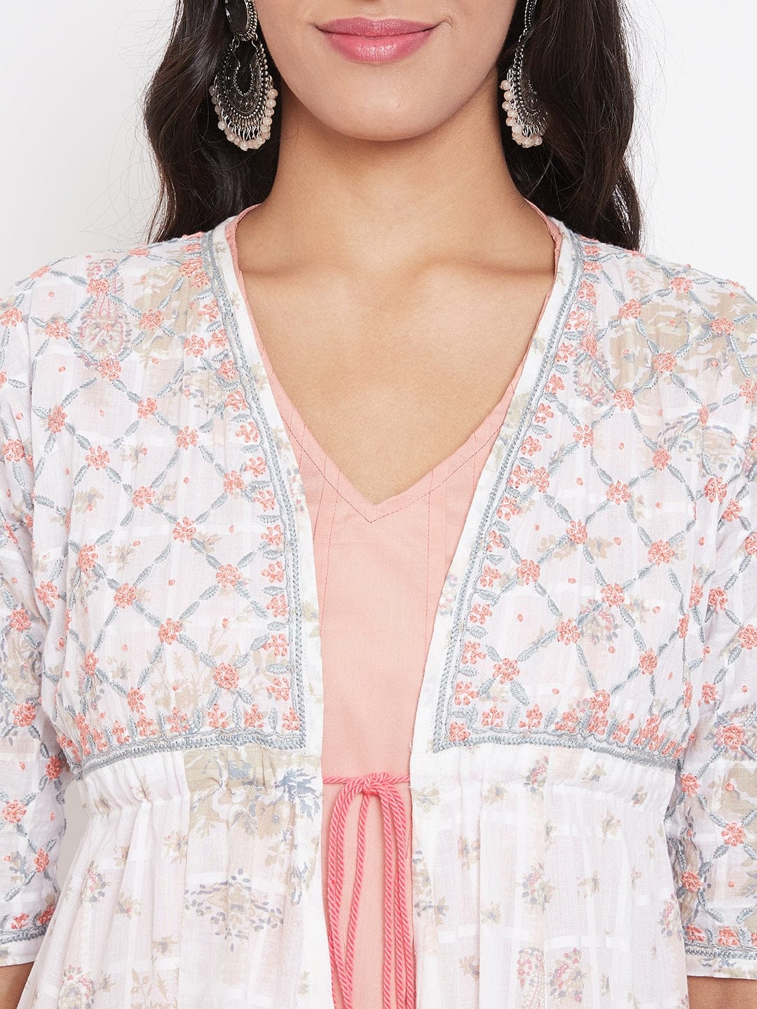 The Kaftan Company Kurta White Chikankari Hand Embroidered Cotton Shrug