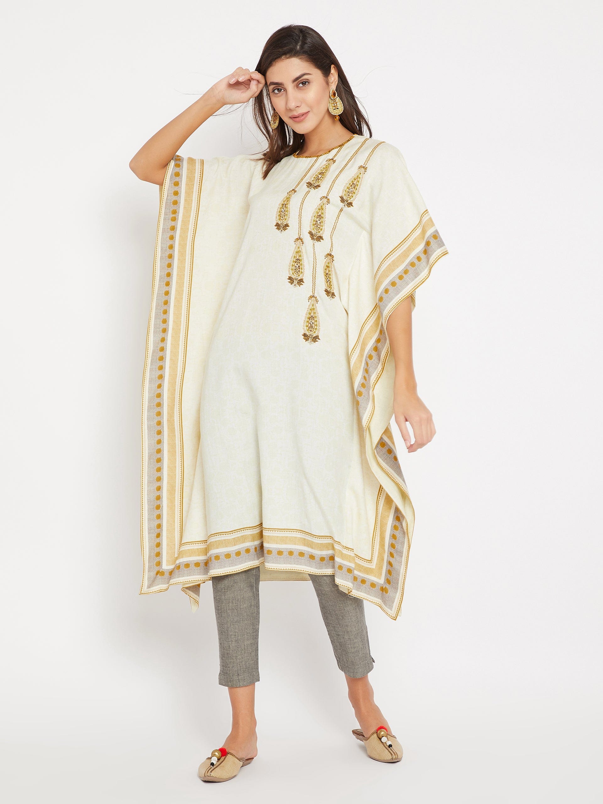 The Kaftan Company Kurta White Embroidered Daywear Kaftan Kurta