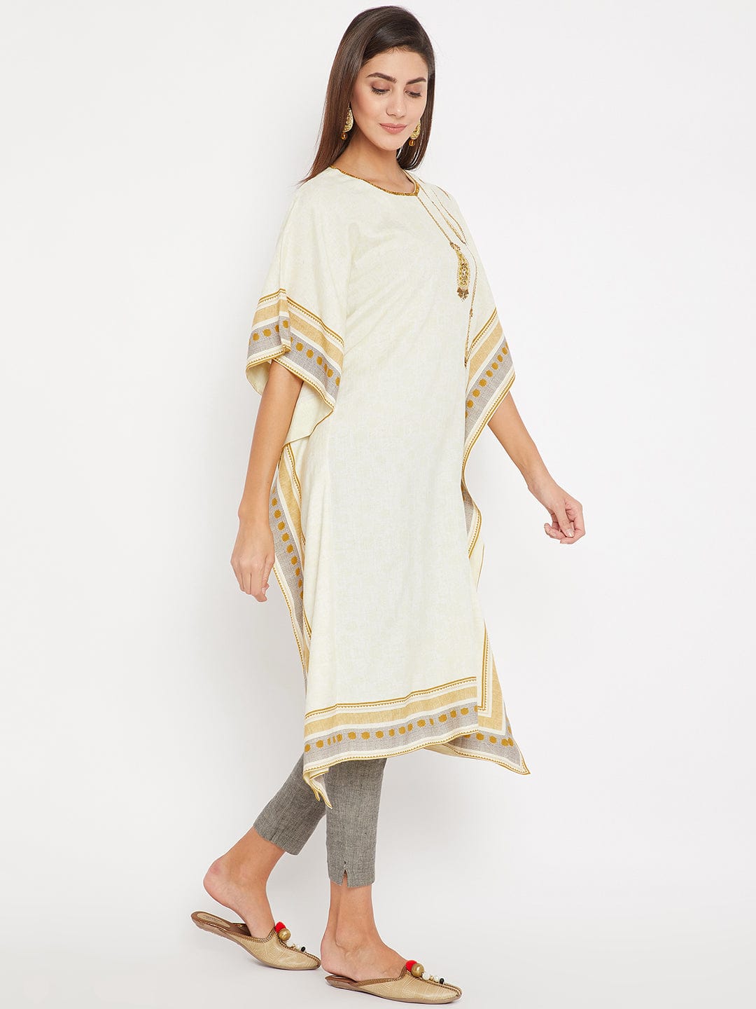 The Kaftan Company Kurta White Embroidered Daywear Kaftan Kurta