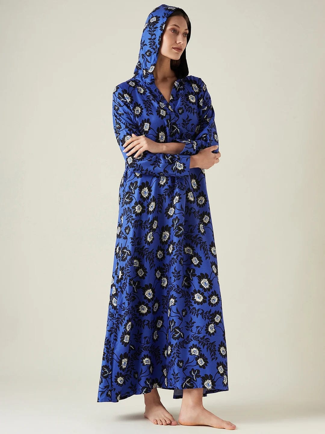 The Kaftan Company Lounge Dress Blue floral hoodie lounge dress