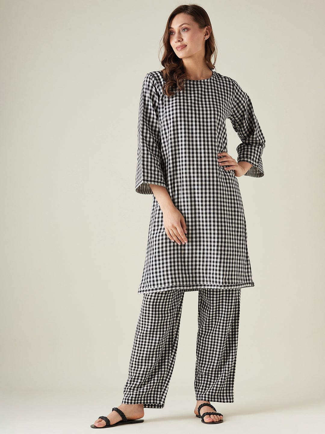 The Kaftan Company Lounge Set Black checkered cotton pyjama set