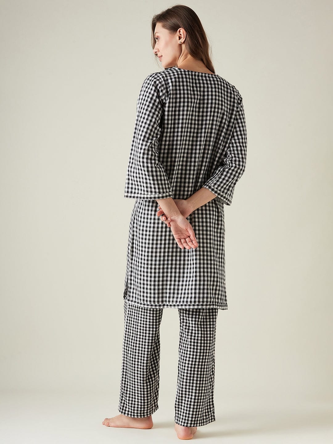 The Kaftan Company Lounge Set Black checkered cotton pyjama set