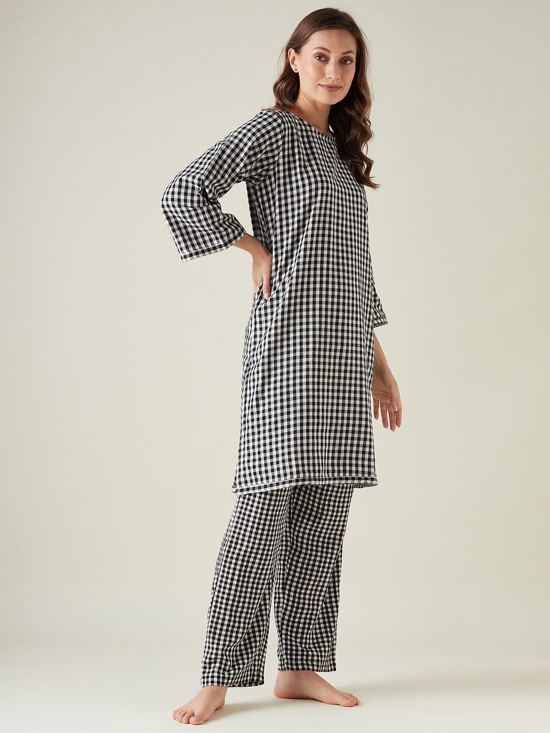 The Kaftan Company Lounge Set Black checkered cotton pyjama set