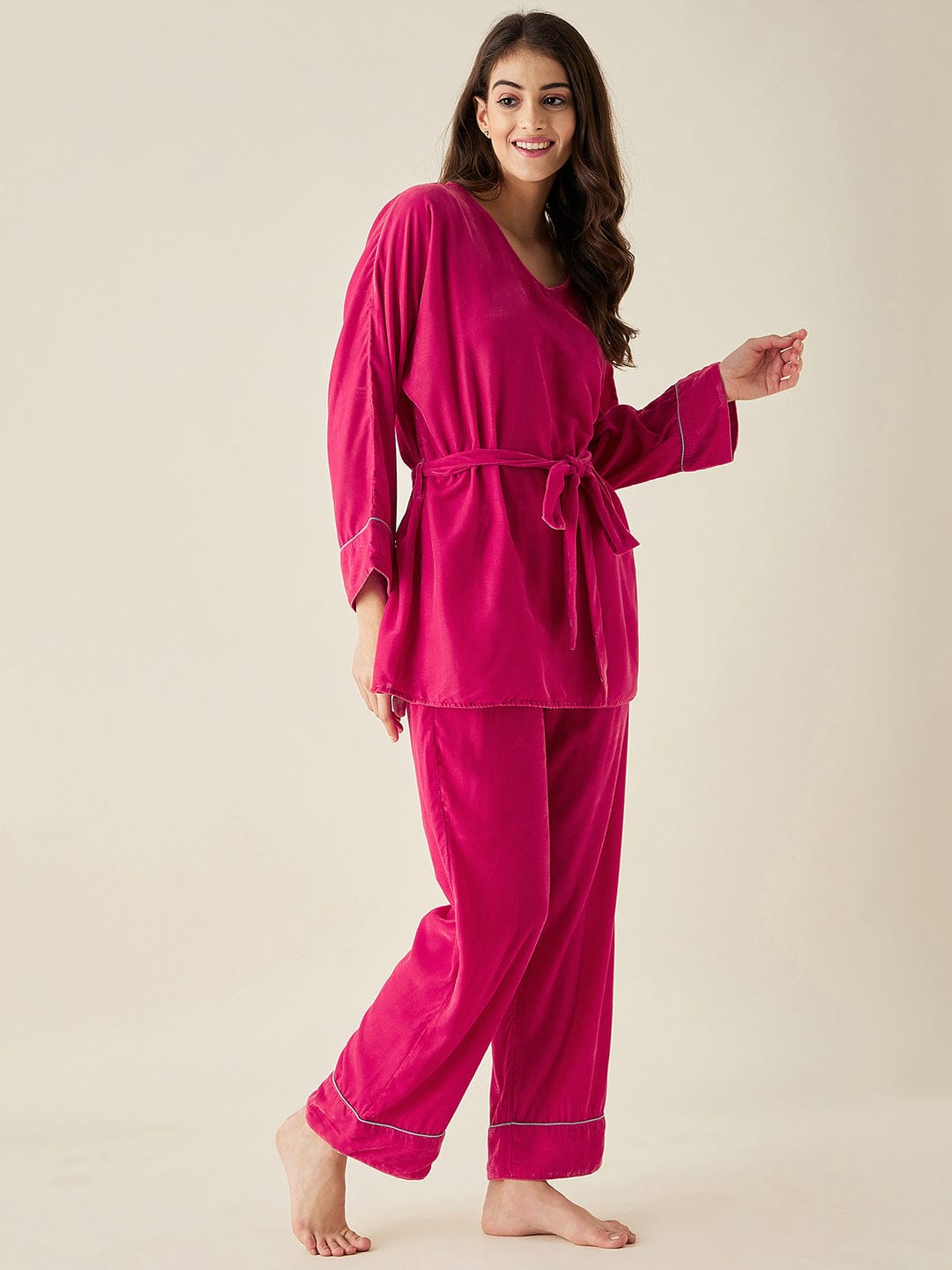 The Kaftan Company Lounge Set Fuchsia Velvet Lounge Set with Belt