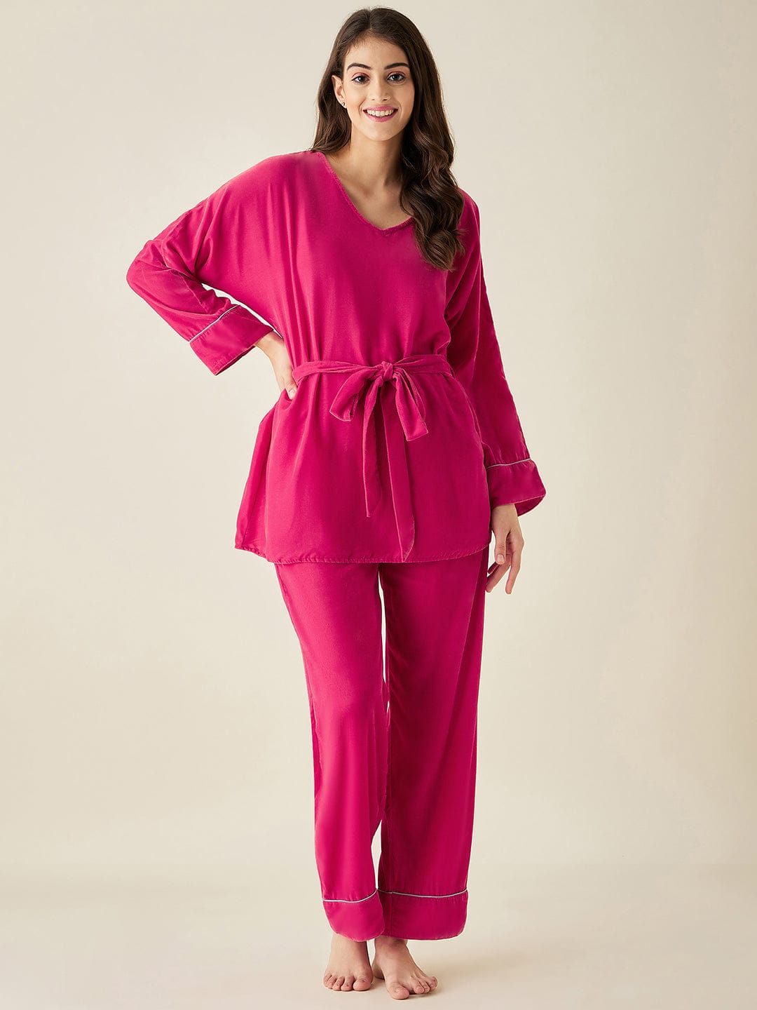 The Kaftan Company Lounge Set Fuchsia Velvet Lounge Set with Belt