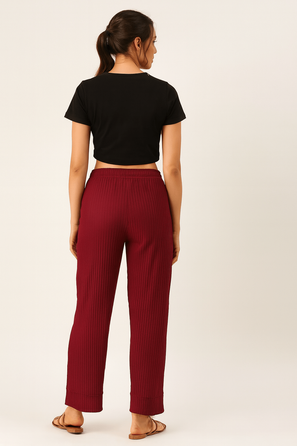 The Kaftan Company Lounge Set Maroon Ribbed Lounge Pants with Black Cotton T-Shirt Set