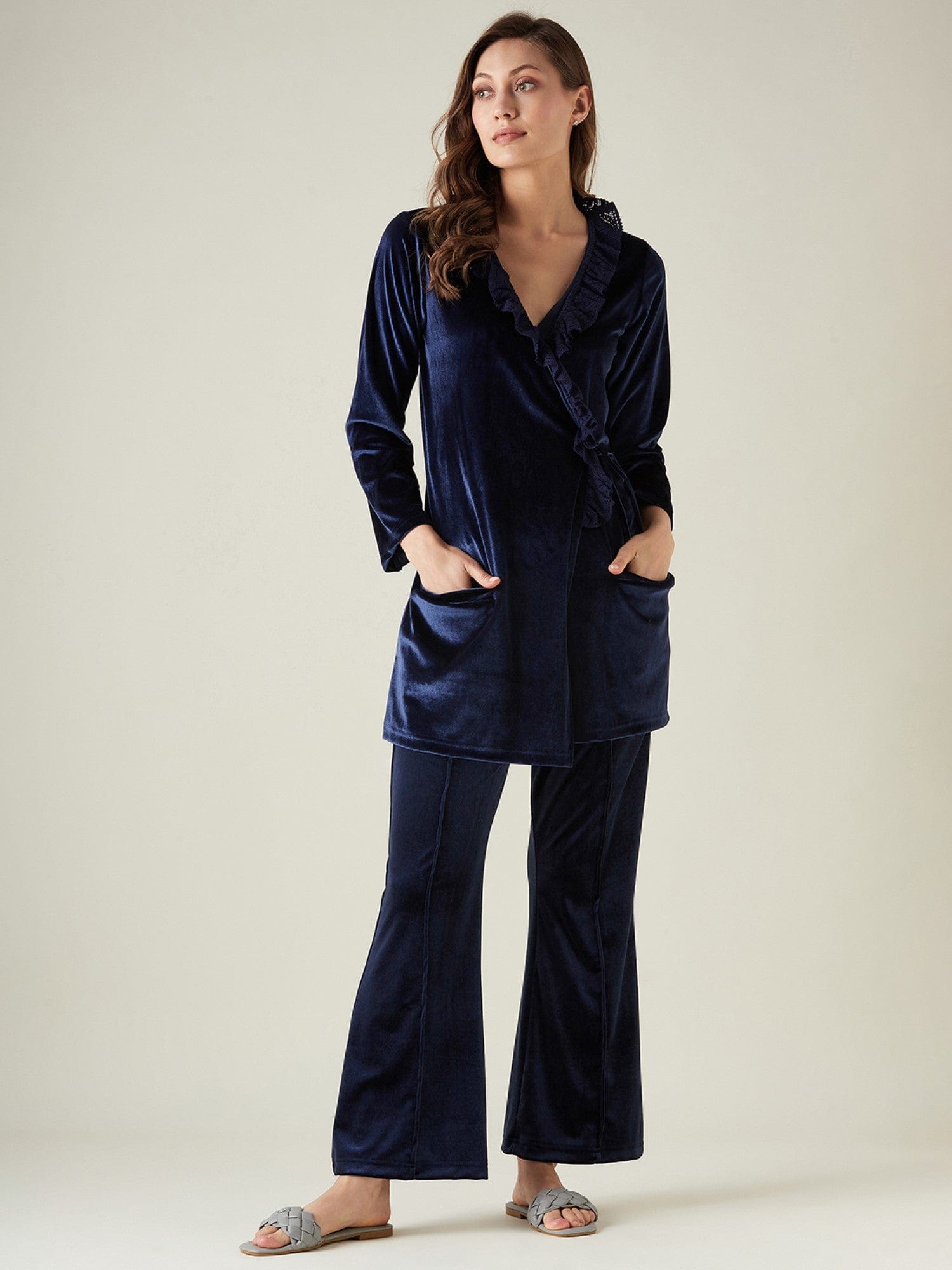 The Kaftan Company Lounge Set Navy Blue Velvet Wrap Lounge Set with Ruffle Detail