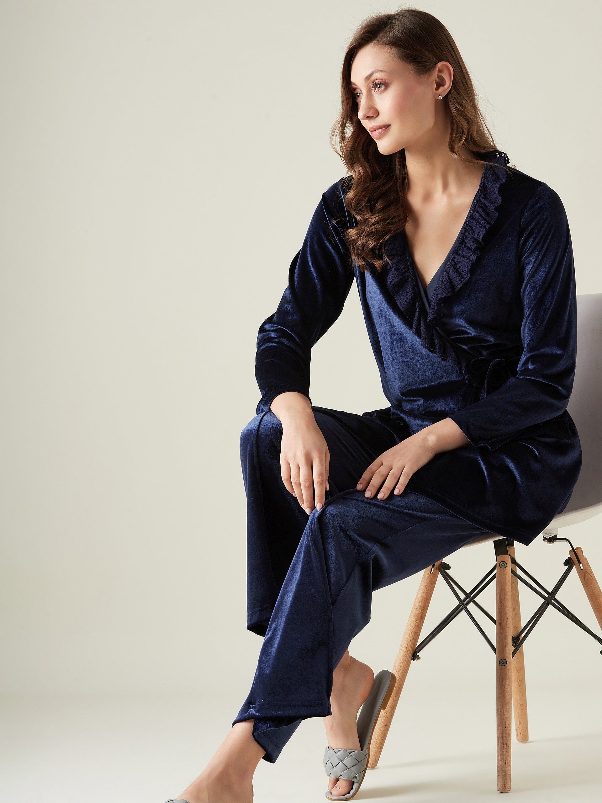 The Kaftan Company Lounge Set Navy Blue Velvet Wrap Lounge Set with Ruffle Detail