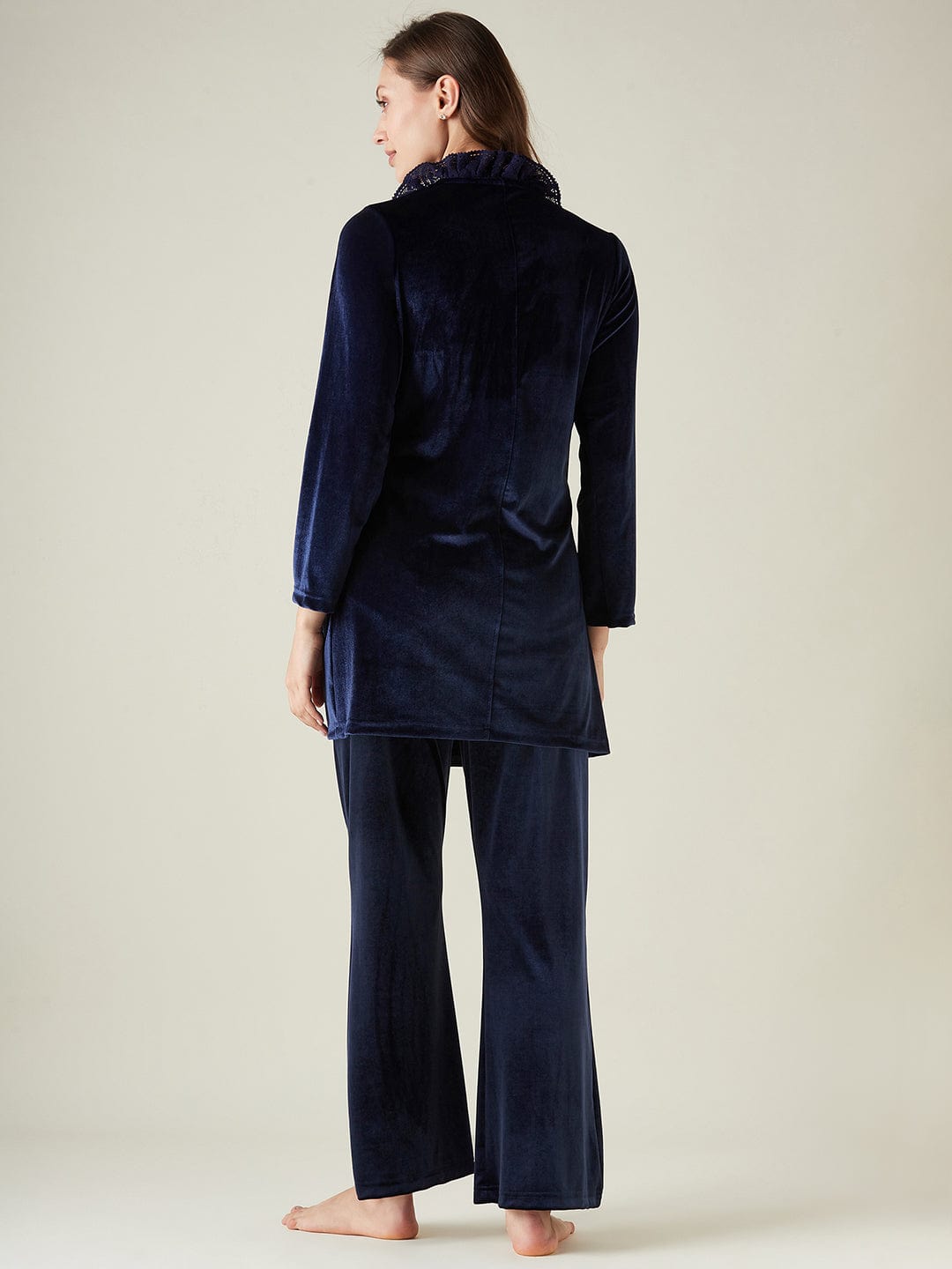 The Kaftan Company Lounge Set Navy Blue Velvet Wrap Lounge Set with Ruffle Detail