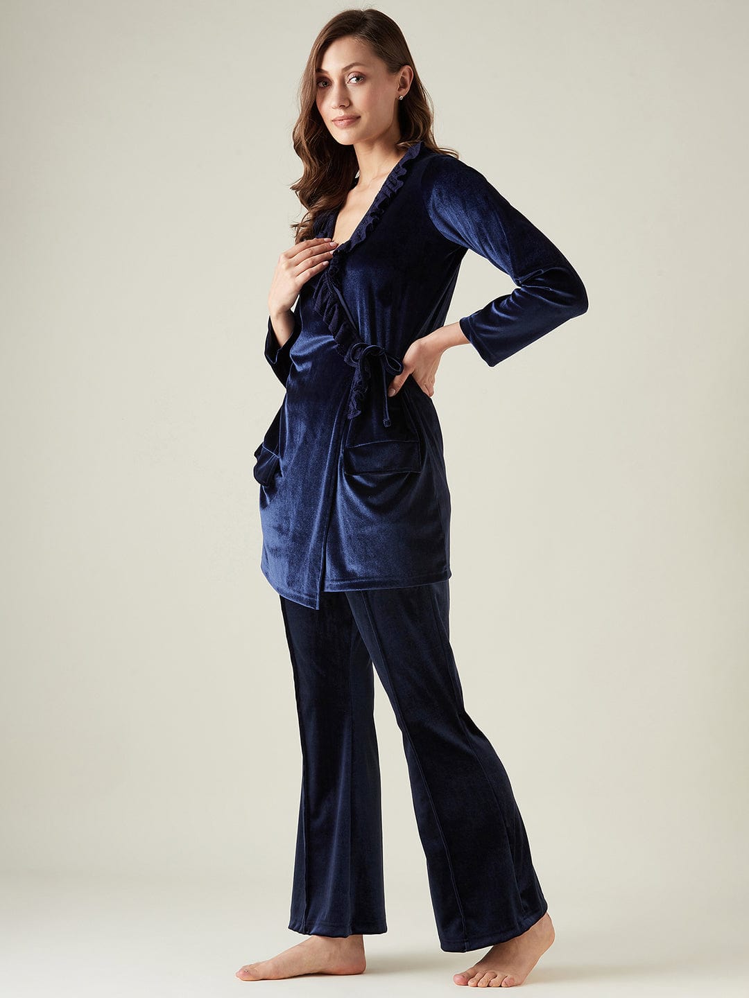 The Kaftan Company Lounge Set Navy Blue Velvet Wrap Lounge Set with Ruffle Detail