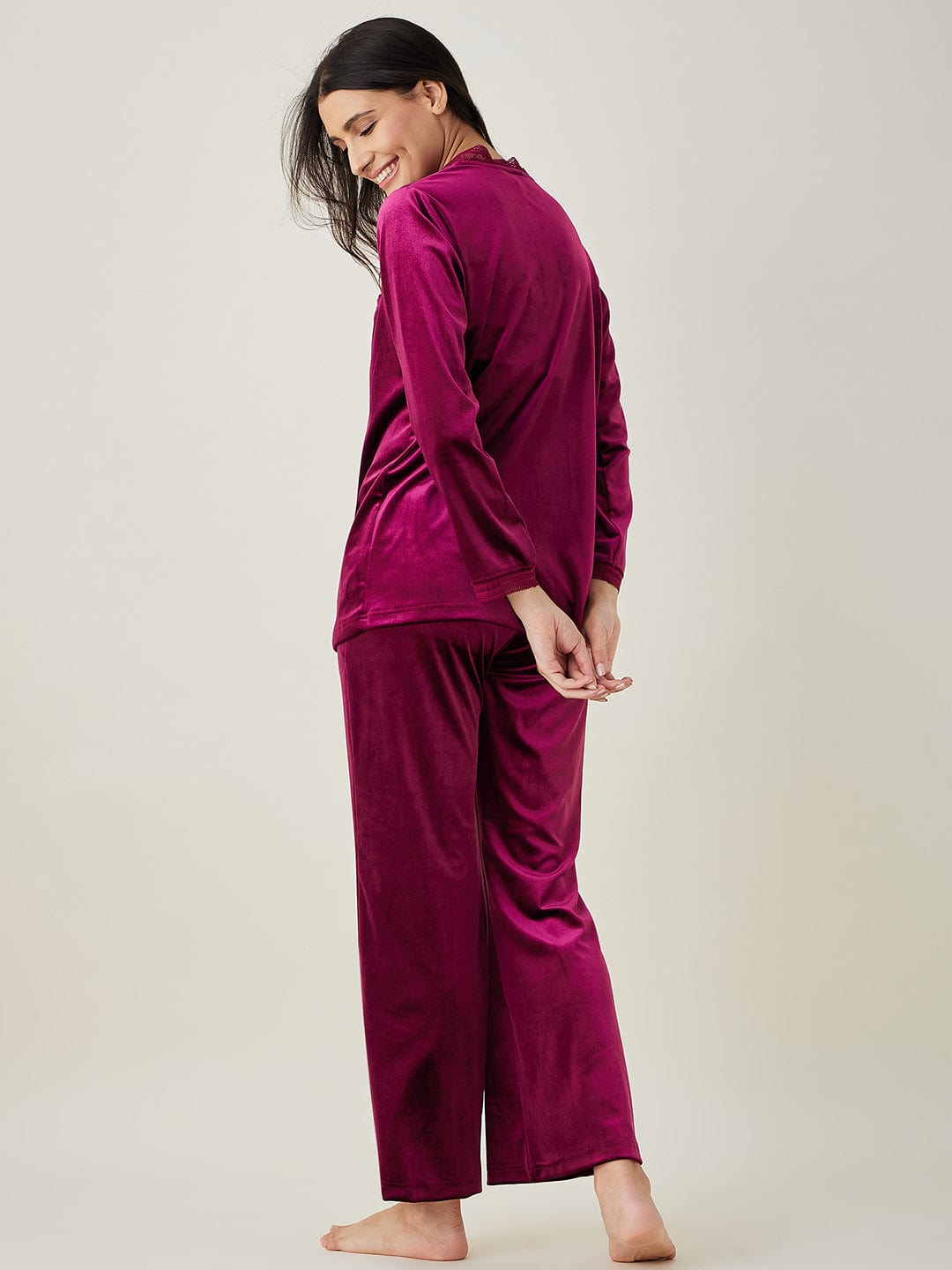 The Kaftan Company Lounge Set Wine Velvet Lounge Set with Button-Down Shirt