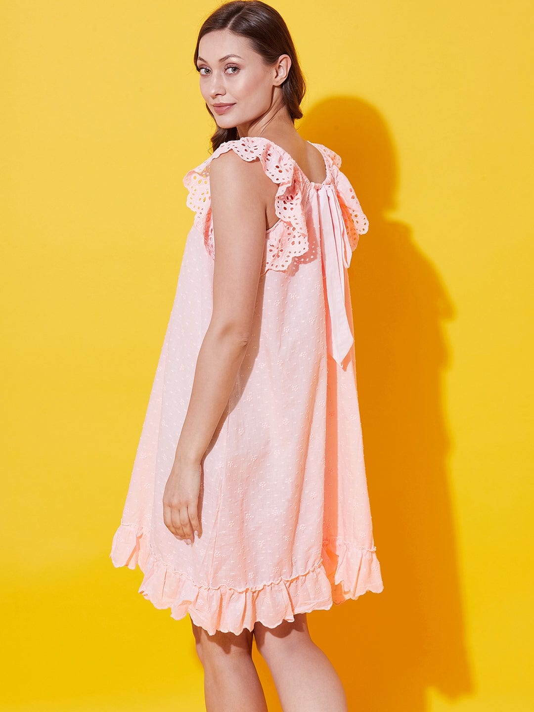 The Kaftan Company Negligee Baby Pink Schifli Cotton Nap Dress