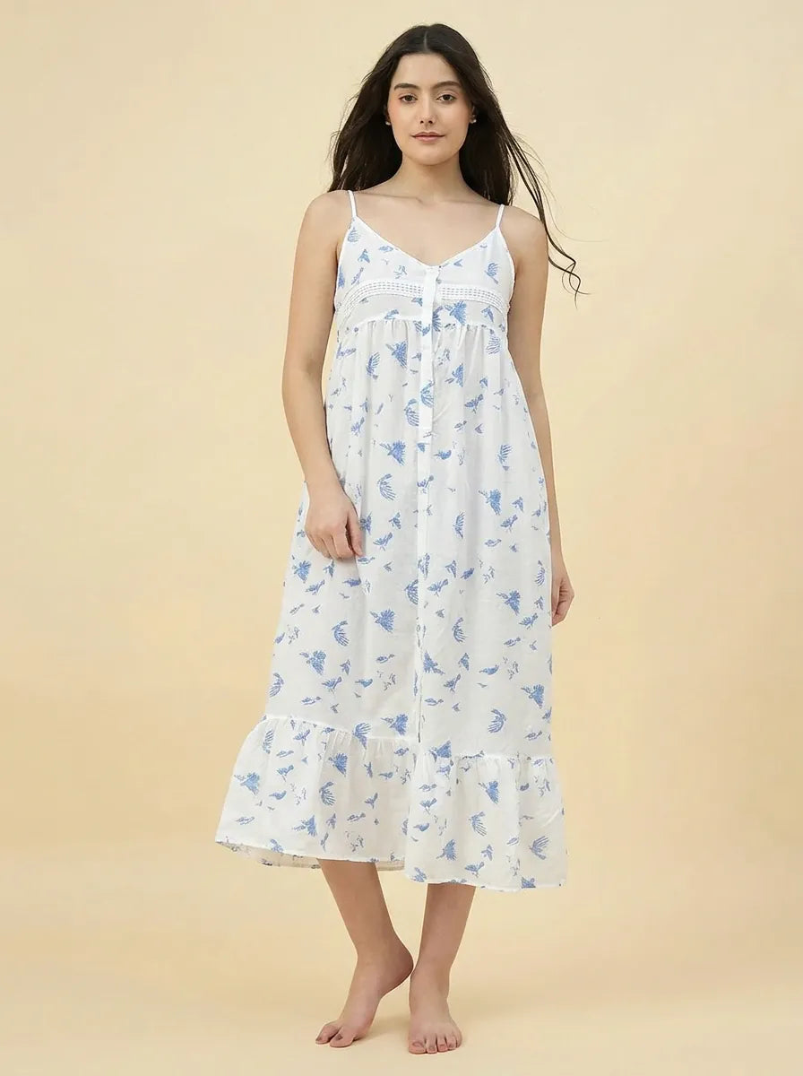 The Kaftan Company Negligee Blue Bird Print White Modal Nightdress
