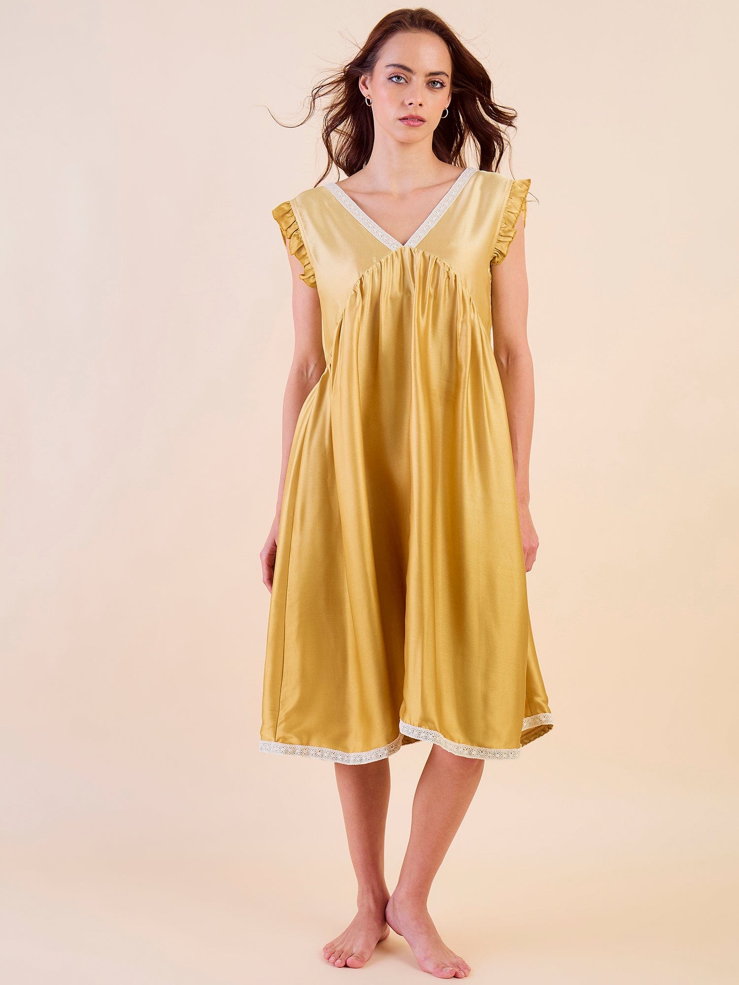 The Kaftan Company Negligee Gold Ombre Satin Negligee – Lace Detail & Frilled Sleeves
