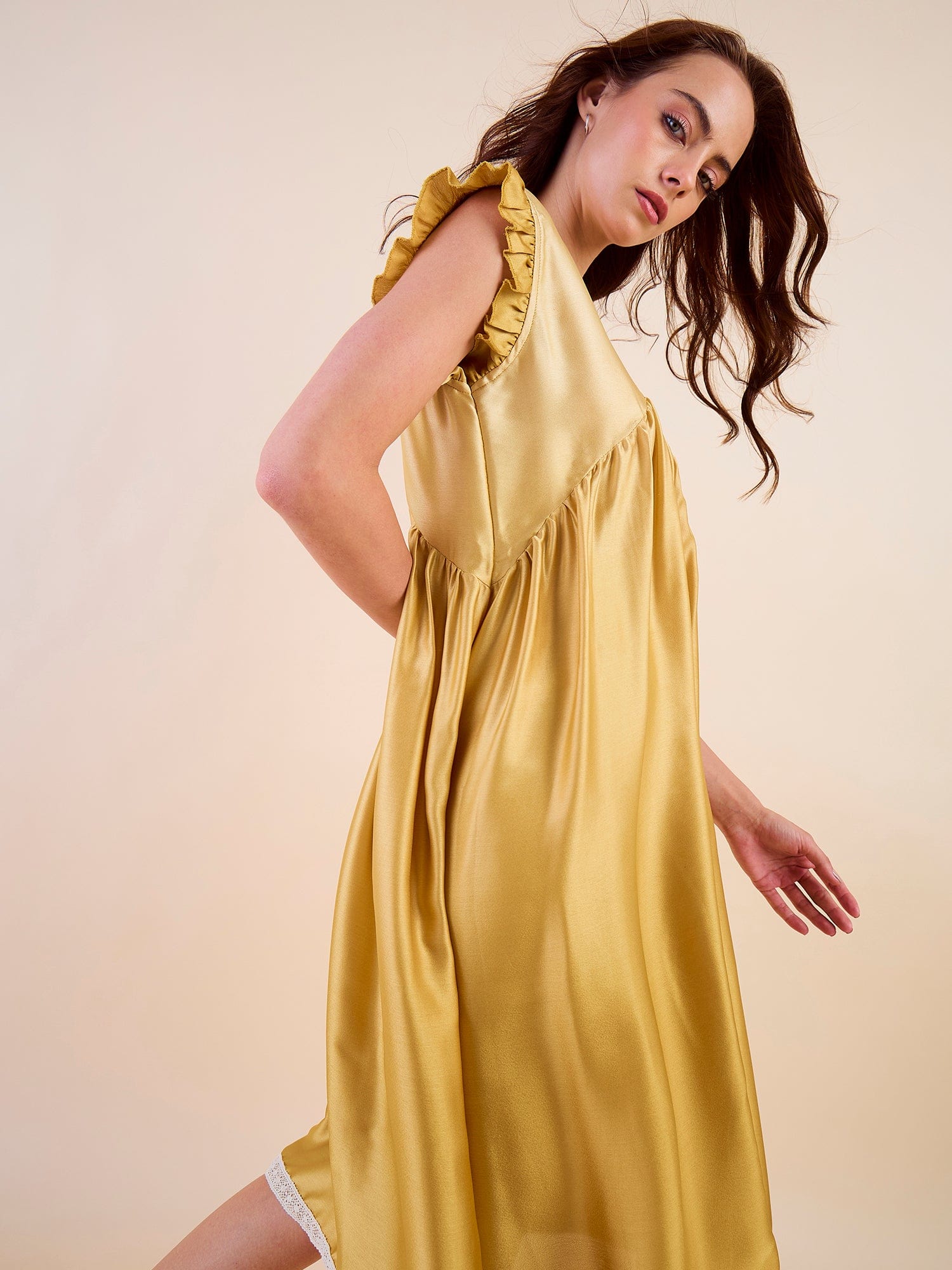 The Kaftan Company Negligee Gold Ombre Satin Negligee – Lace Detail & Frilled Sleeves