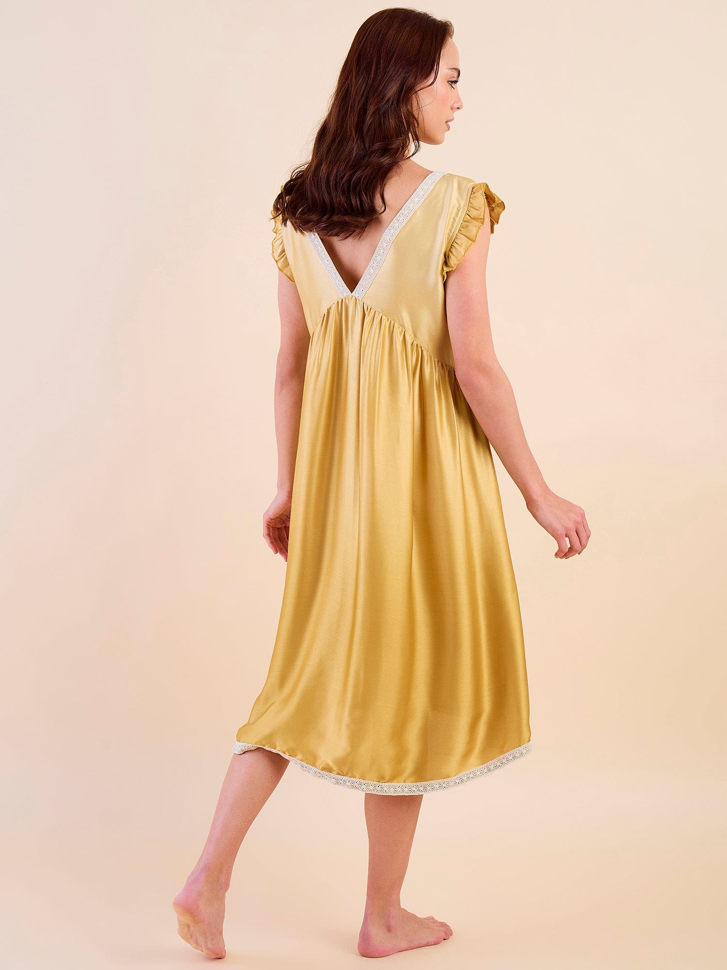 The Kaftan Company Negligee Gold Ombre Satin Negligee – Lace Detail & Frilled Sleeves
