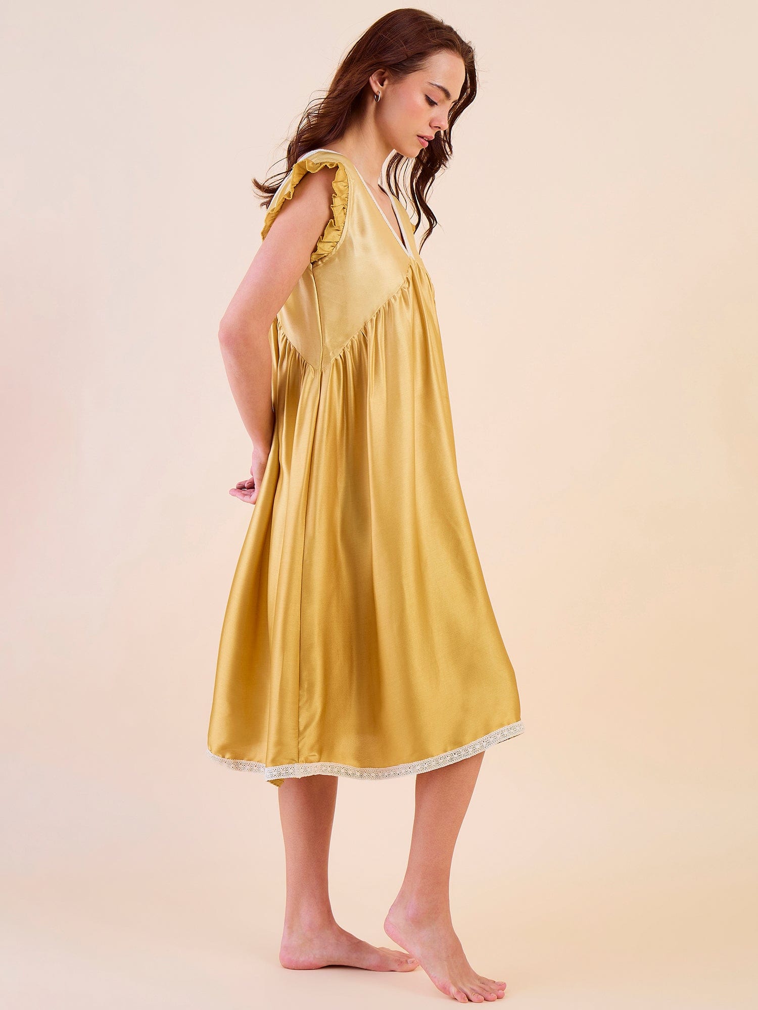 The Kaftan Company Negligee Gold Ombre Satin Negligee – Lace Detail & Frilled Sleeves