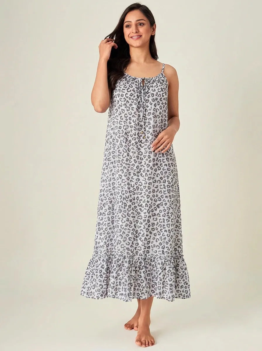 The Kaftan Company Negligee Grey Leopard Print Modal Negligee with Tie-Up Neckline