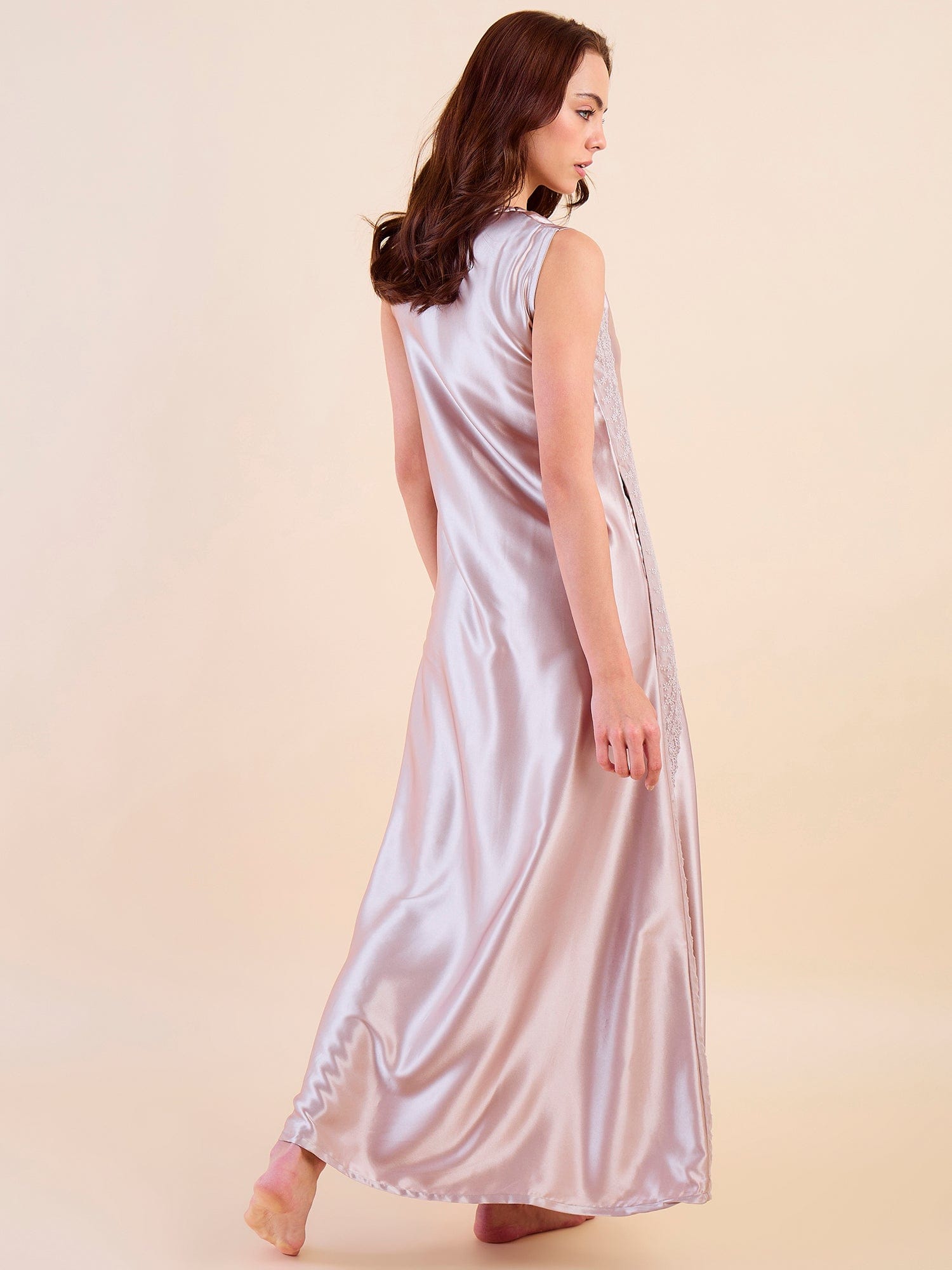 The Kaftan Company Negligee Maxi Satin Luxe Sleeveless Nightdress with Lace Accents