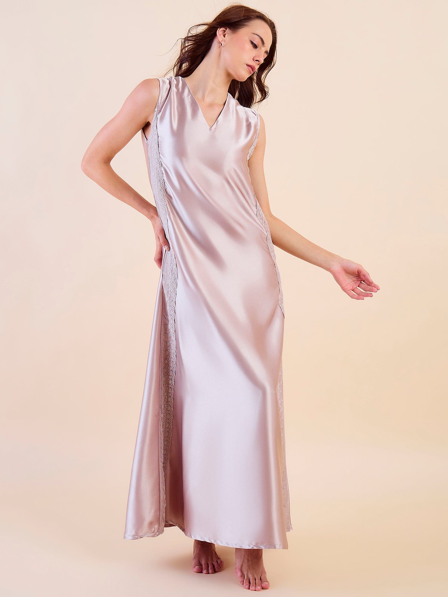 The Kaftan Company Negligee Maxi Satin Luxe Sleeveless Nightdress with Lace Accents