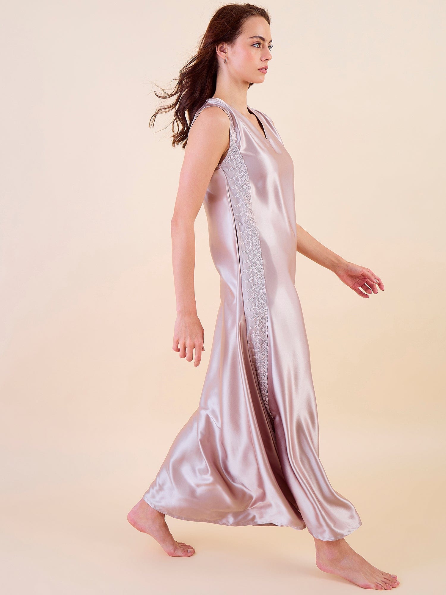 The Kaftan Company Negligee Maxi Satin Luxe Sleeveless Nightdress with Lace Accents