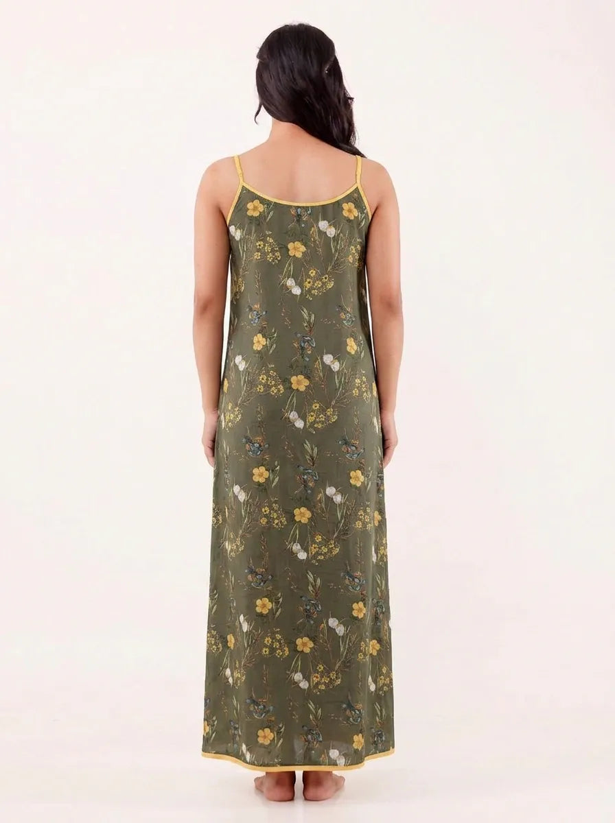 The Kaftan Company Negligee Olive Green Floral Modal Strappy Negligee with Yellow Trim