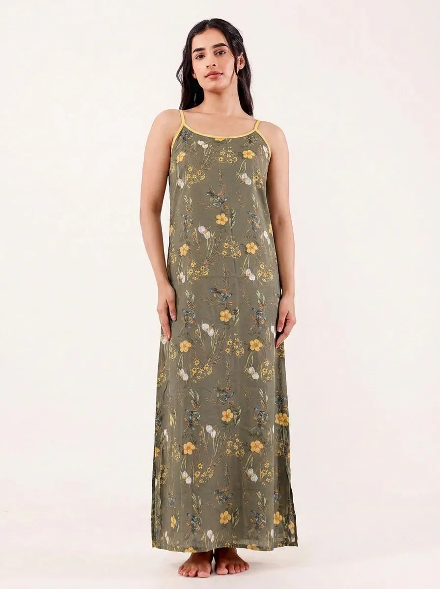 The Kaftan Company Negligee Olive Green Floral Modal Strappy Negligee with Yellow Trim