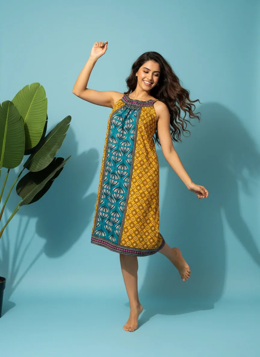 The Kaftan Company Negligee Printed Viscose Rayon Negligee with Smocked Neckline
