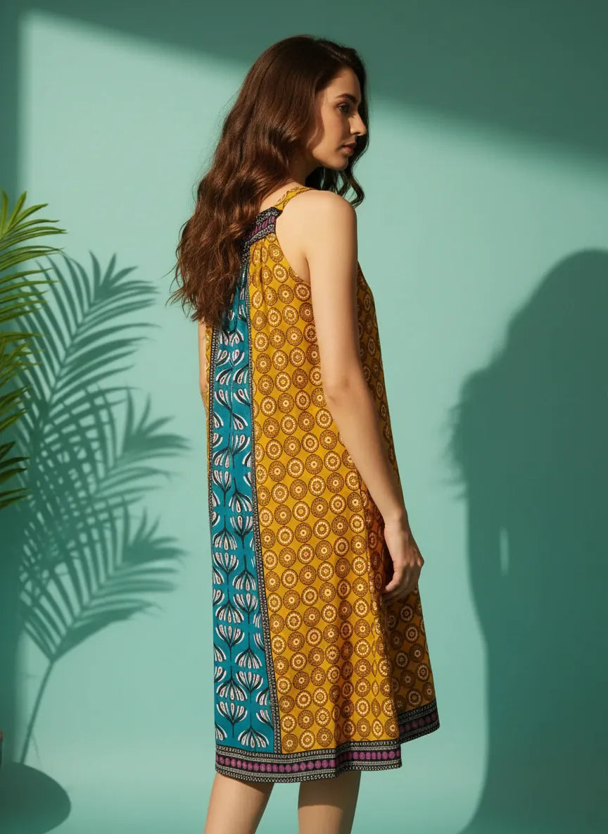 The Kaftan Company Negligee Printed Viscose Rayon Negligee with Smocked Neckline