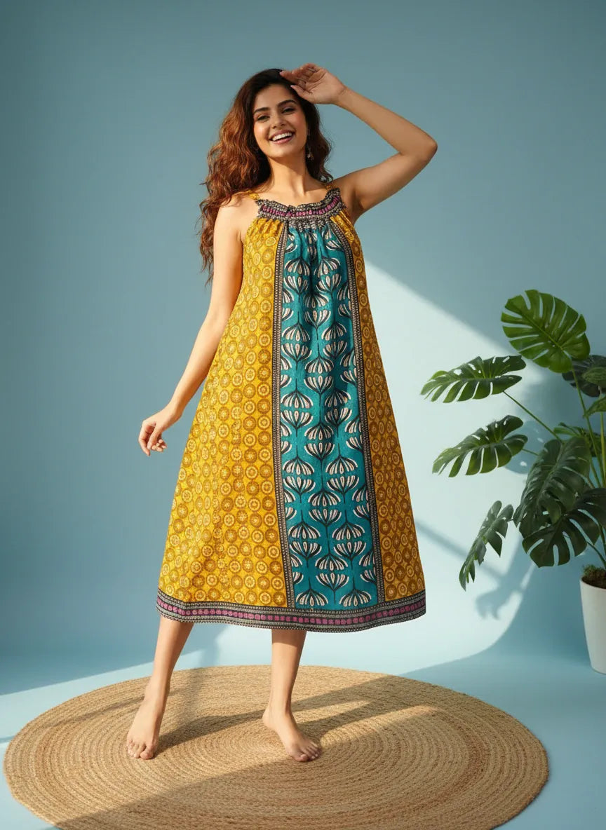 The Kaftan Company Negligee Printed Viscose Rayon Negligee with Smocked Neckline