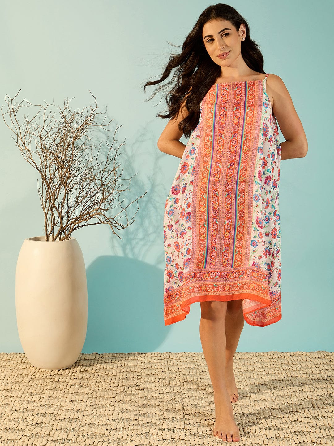 The Kaftan Company Negligee Red Chic Modal Floral Print Negligee Dress For Women