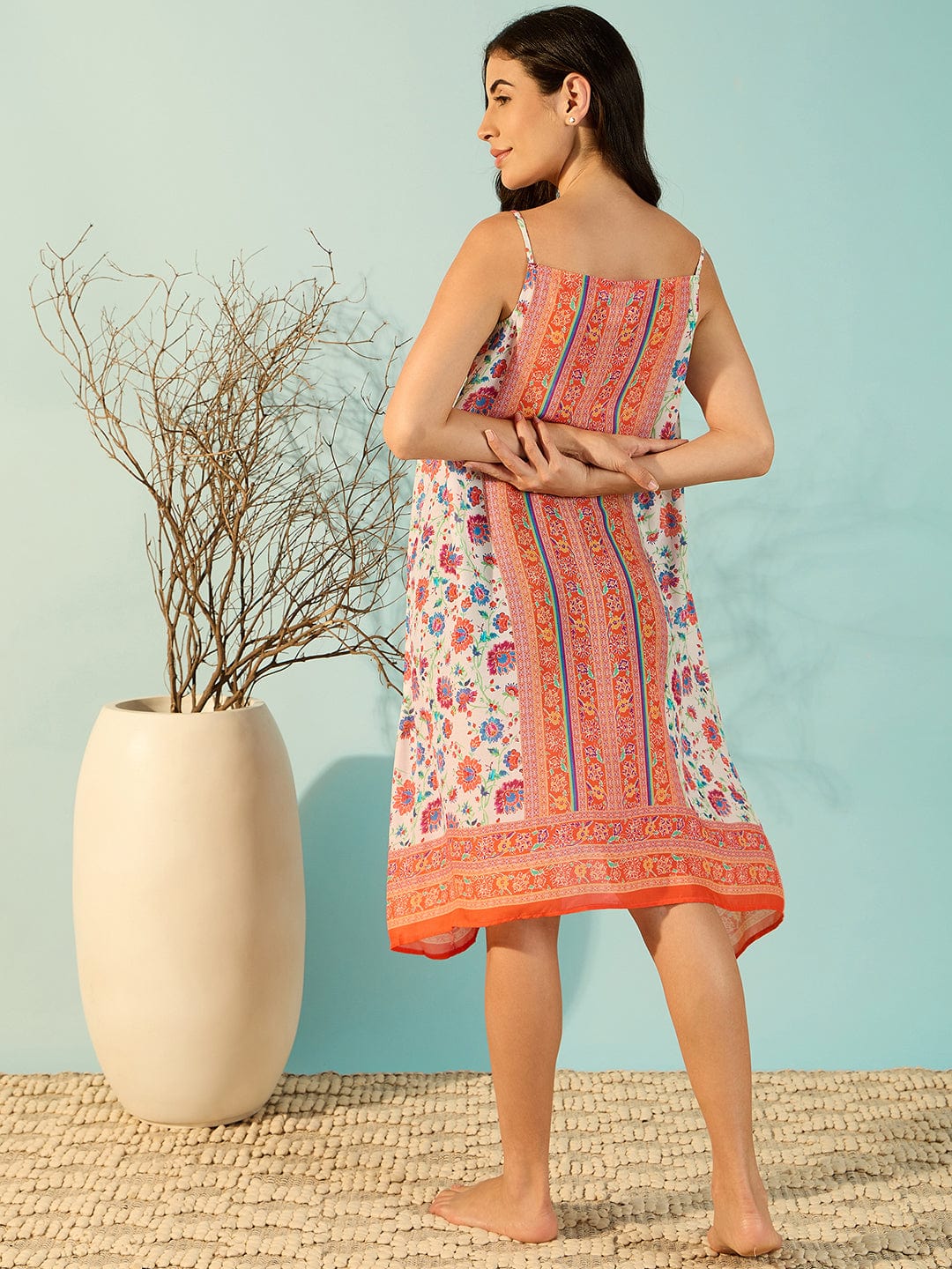 The Kaftan Company Negligee Red Chic Modal Floral Print Negligee Dress For Women