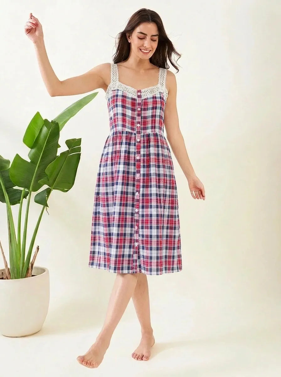 The Kaftan Company Negligee Red & Navy Plaid Cotton Nightdress with Crochet Lace Straps