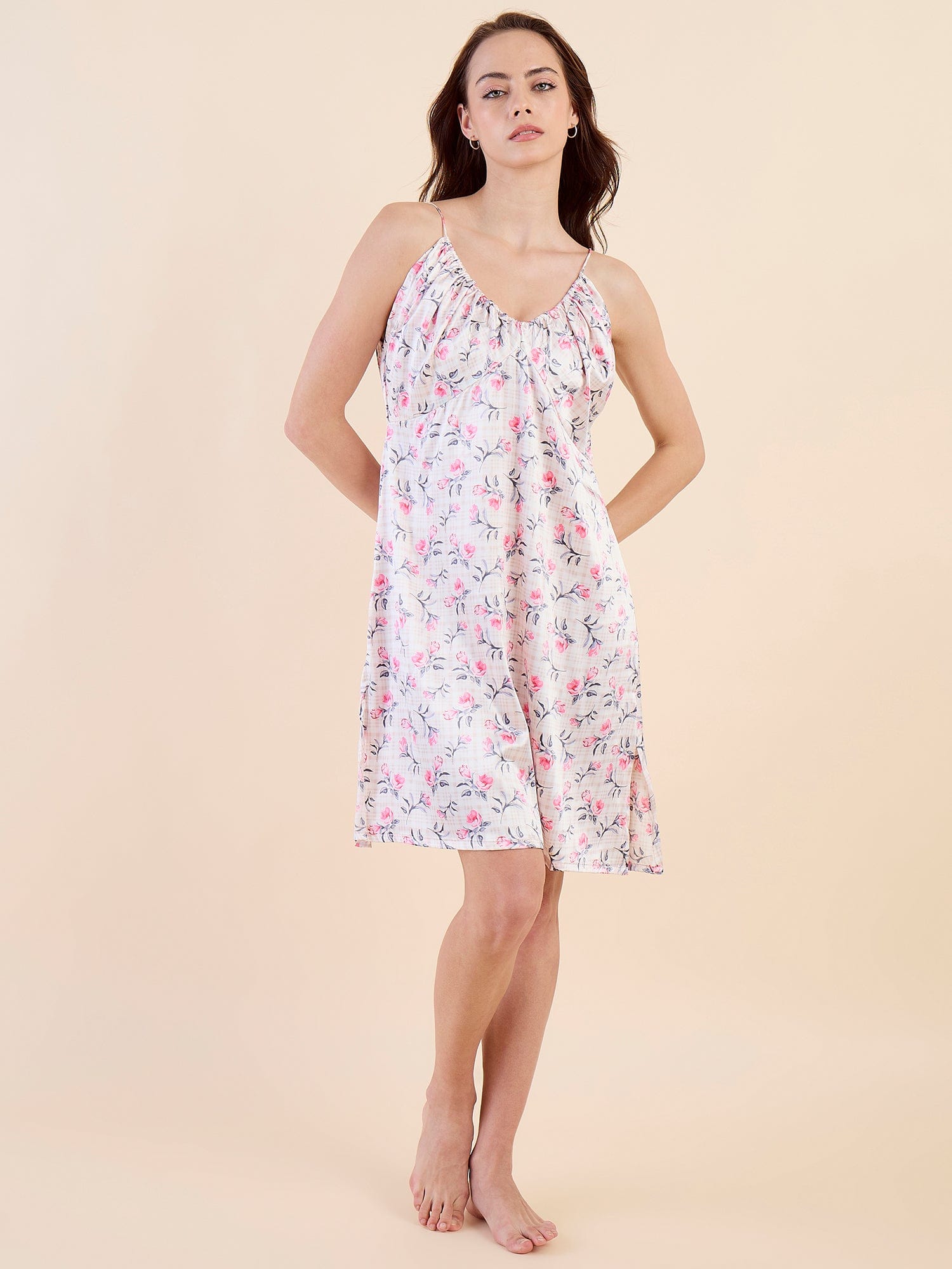 The Kaftan Company Negligee Romantic Grey Satin Negligee with Pink Floral Print