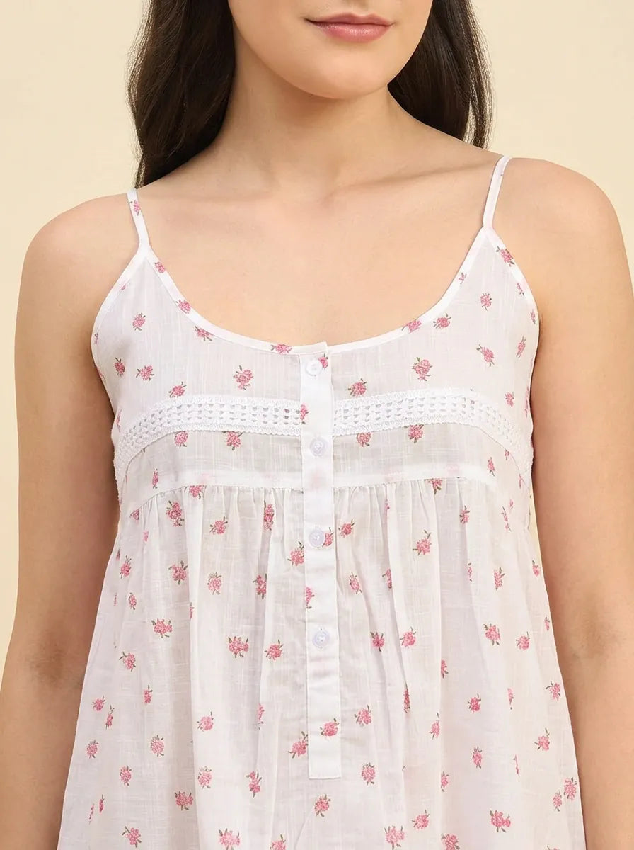 The Kaftan Company Negligee Rose Ditsy Floral White Cotton Nightdress