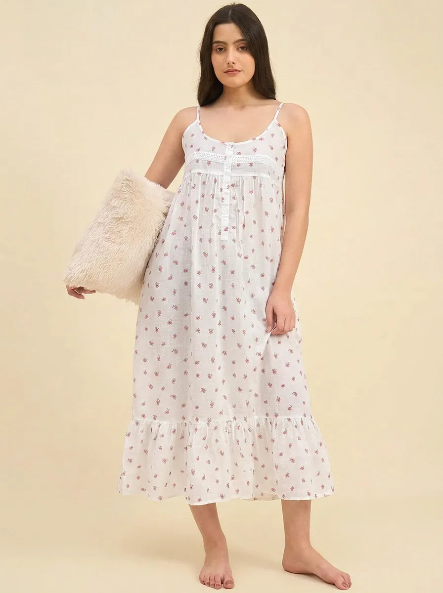 The Kaftan Company Negligee Rose Ditsy Floral White Cotton Nightdress