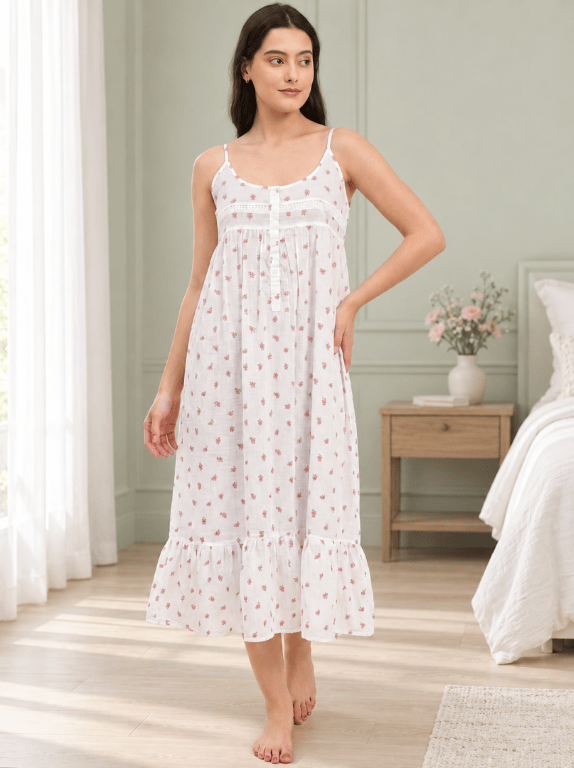 The Kaftan Company Negligee Rose Ditsy Floral White Cotton Nightdress