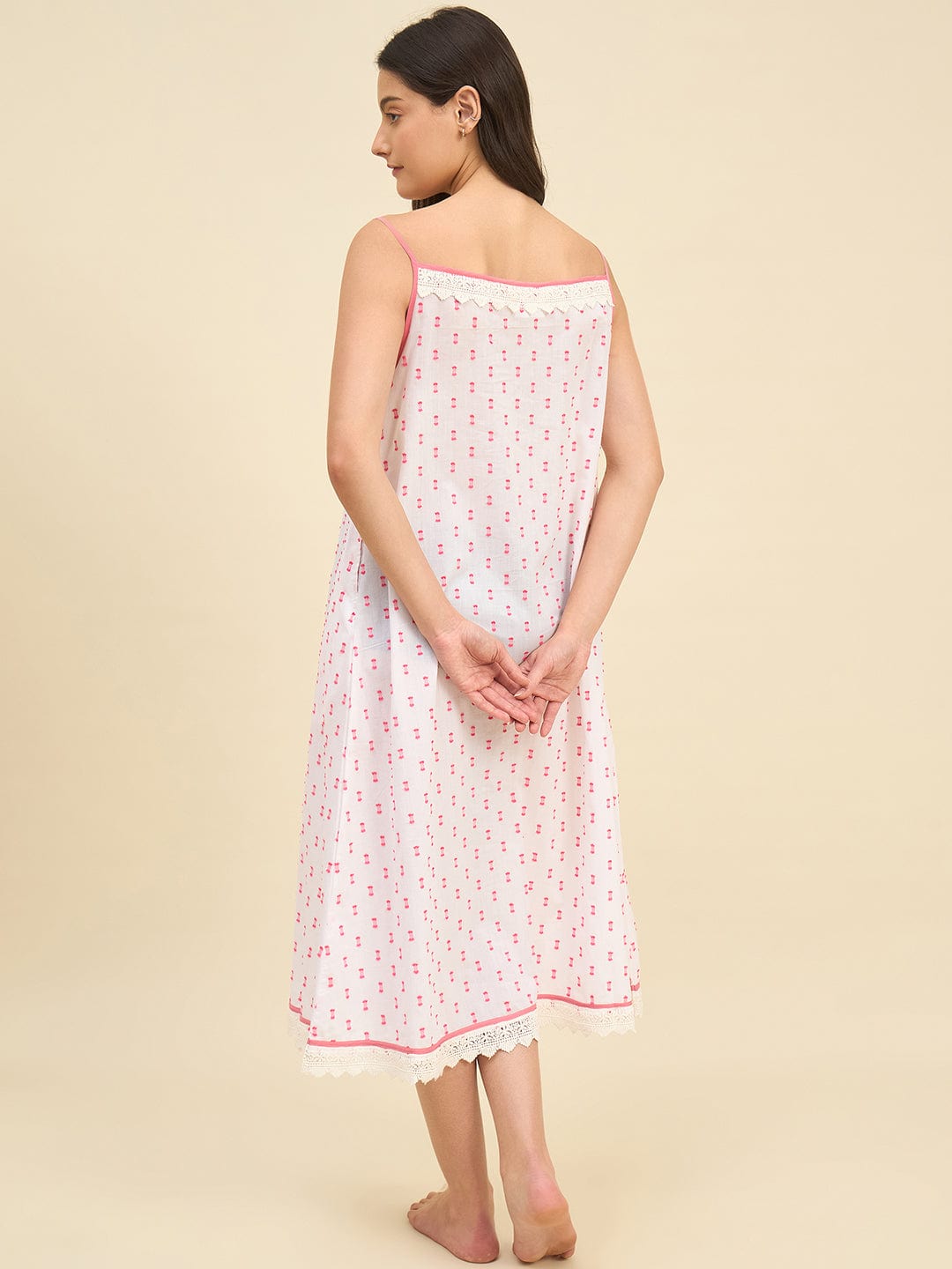 The Kaftan Company Negligee White Cotton Negligee with Pink Thread Embroidery and Lace Detail