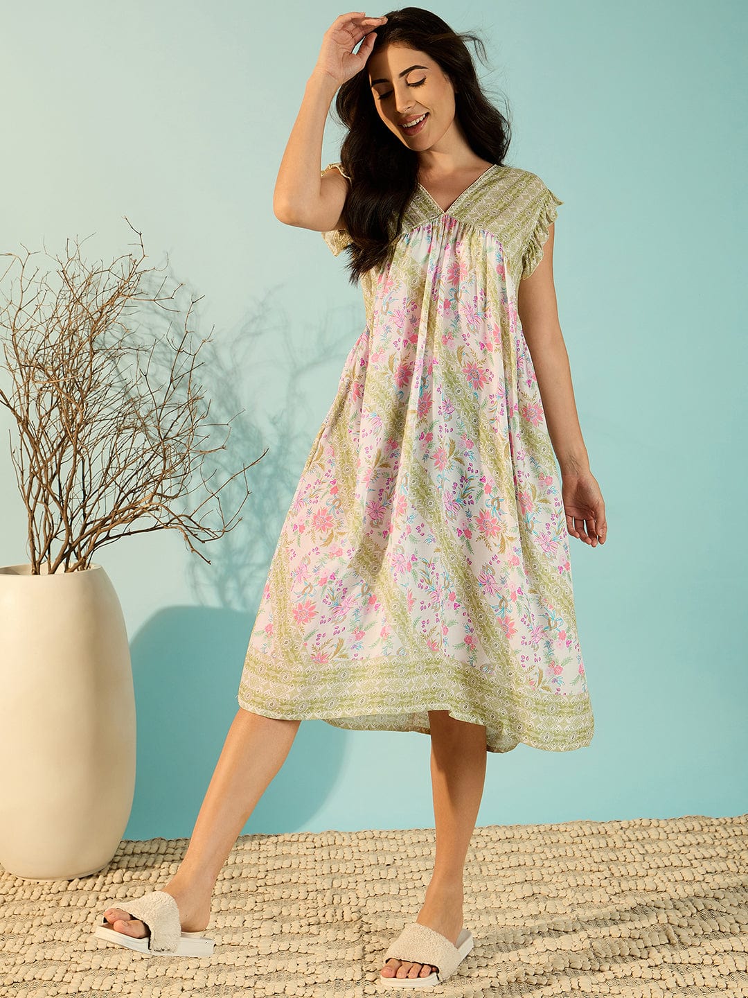 The Kaftan Company Negligee Women Chic Modal Floral Printed Negligee Dress