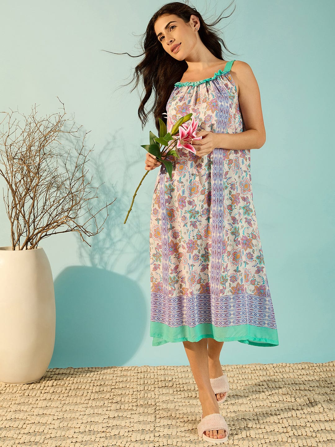 The Kaftan Company Negligee Women Soft Floral Printed Modal Negligee Dress