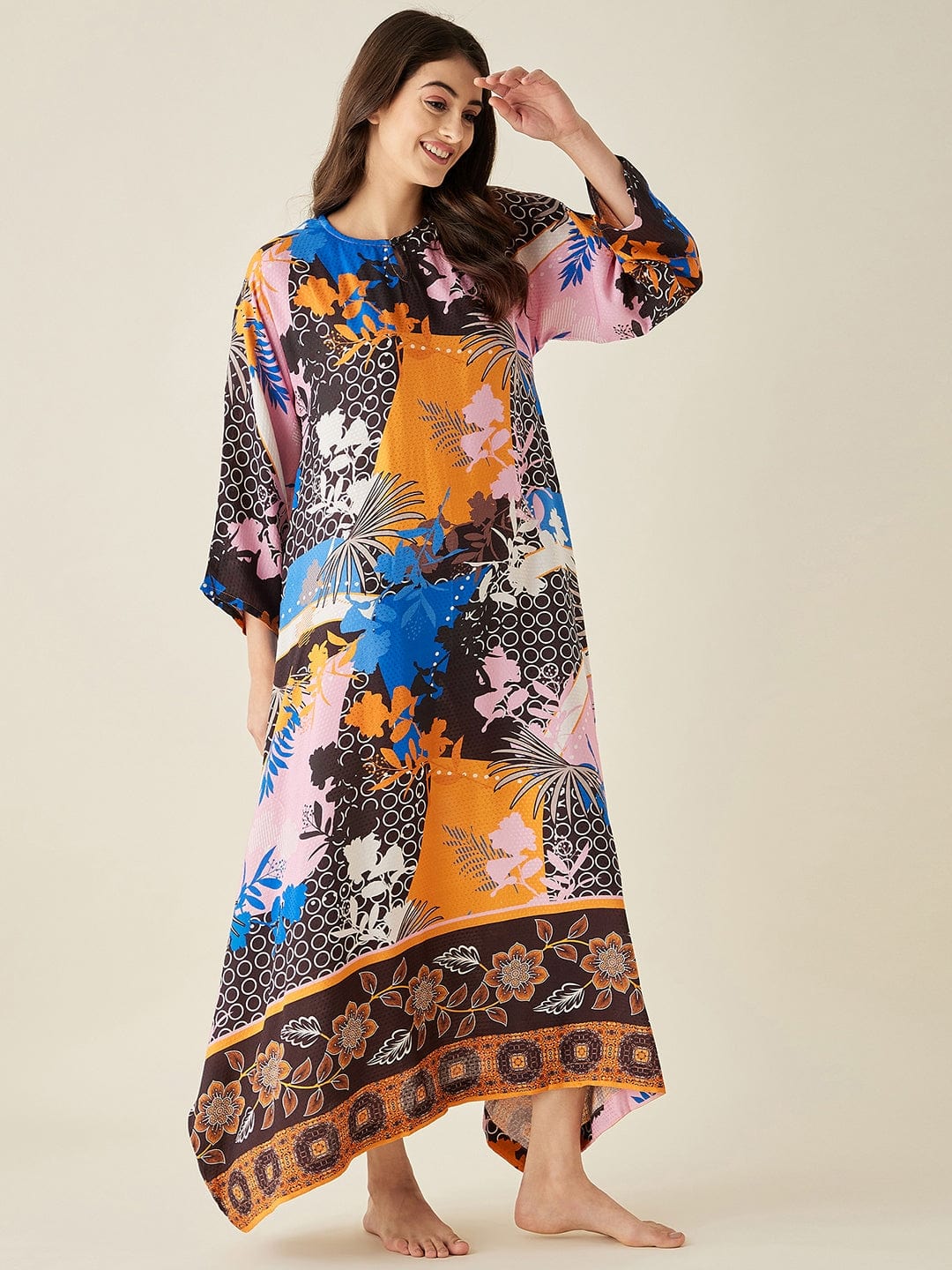The Kaftan Company Nightdress Abstract Modal Handkerchief Hem Lounge Dress