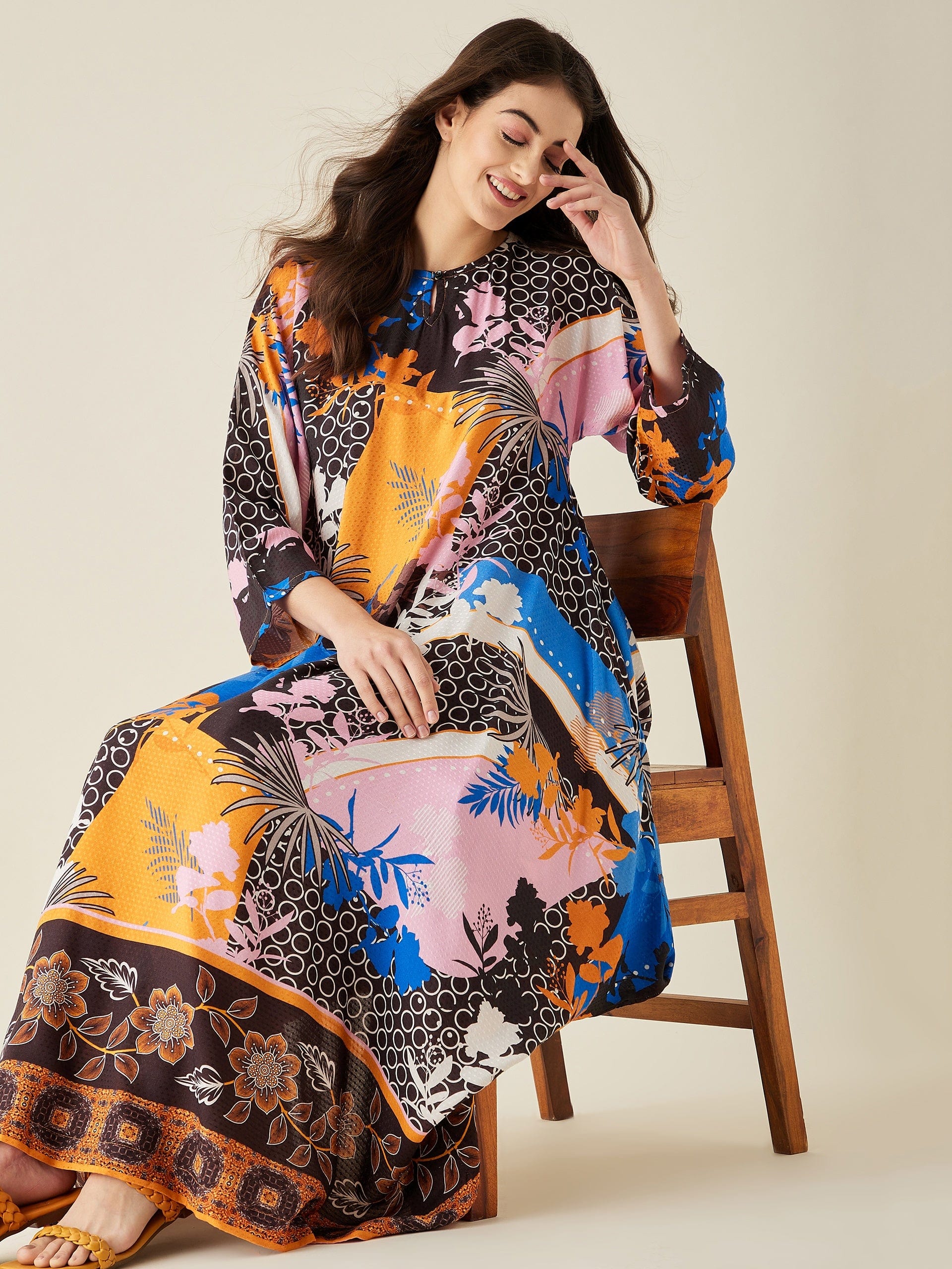 The Kaftan Company Nightdress Abstract Modal Handkerchief Hem Lounge Dress