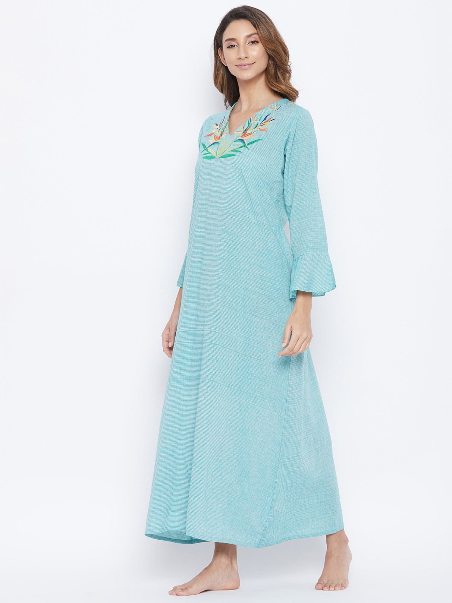 The Kaftan Company Nightdress Aqua Mangalgiri Cotton Embroidered Nightdress