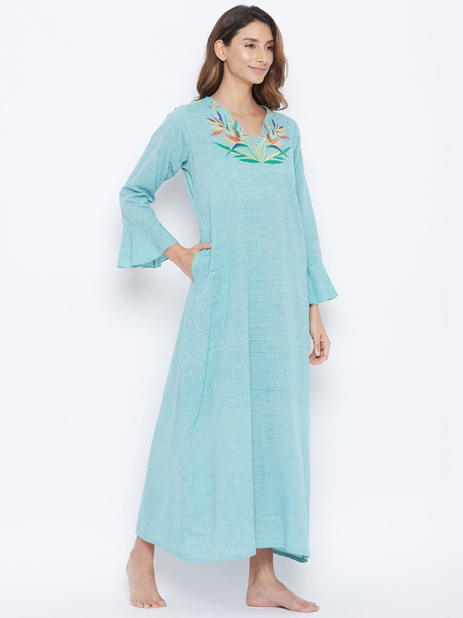 The Kaftan Company Nightdress Aqua Mangalgiri Cotton Embroidered Nightdress