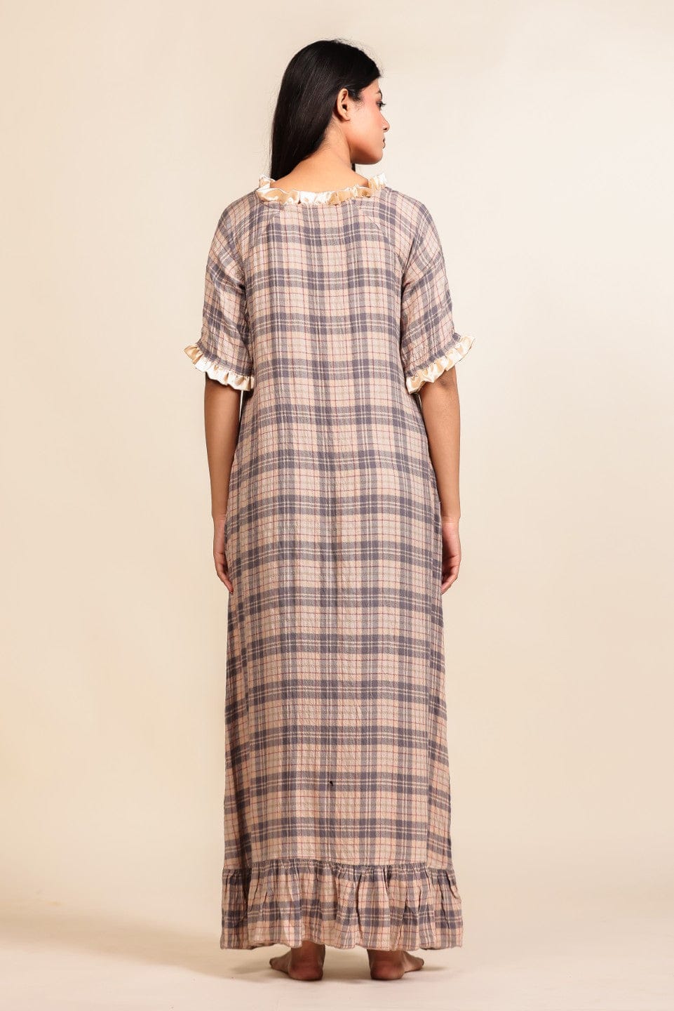 The Kaftan Company Nightdress Beige and Brown Checked Viscose Nighty with Cream Ruffled Trim