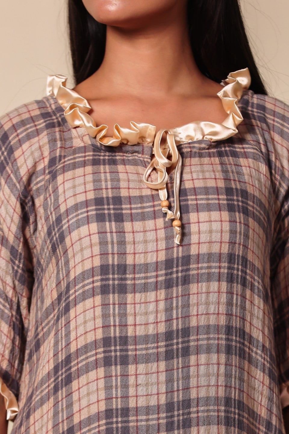 The Kaftan Company Nightdress Beige and Brown Checked Viscose Nighty with Cream Ruffled Trim